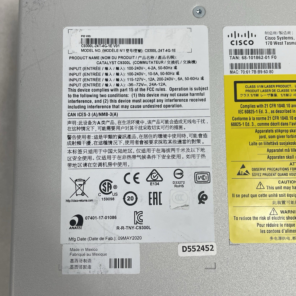 Cisco Catalyst C9300L-24T-4G-E V01  24-Port 9300 Tested & Reset 2x PSU12