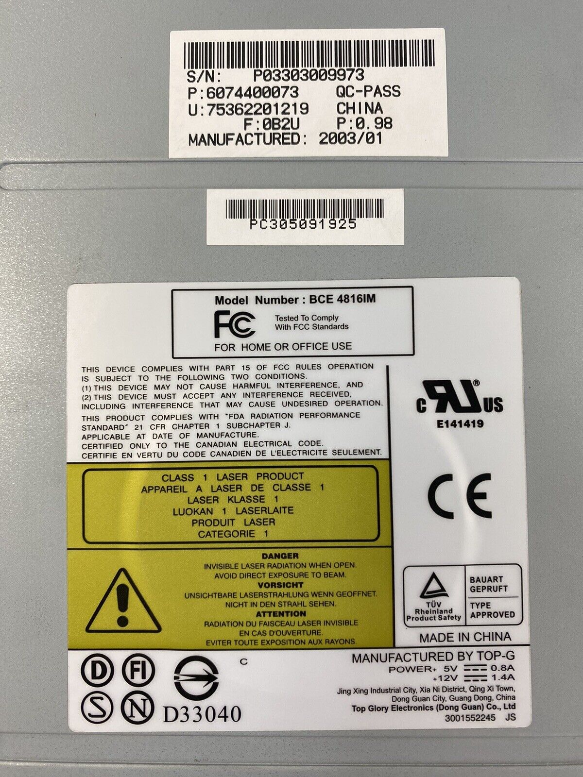 TOP-G BCE-4816IM Internal Optical CD-RW Disc Drive Curved Bezel Untested