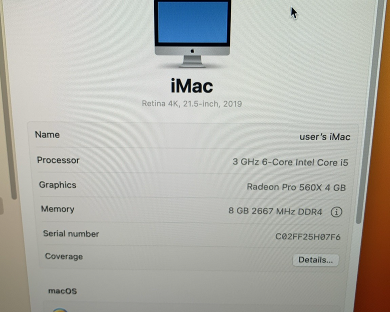 Apple iMac A2116 2019 Retina 4K 21.5" 3GHz i5 8GB RAM 250GB SSD - Screen Crack
