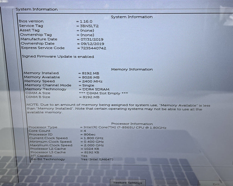Dell Inspiron 7786 17.3" i7-8565U 1.80 GHz 8 GB RAM No SSD/OS/AC NVDIA MX250
