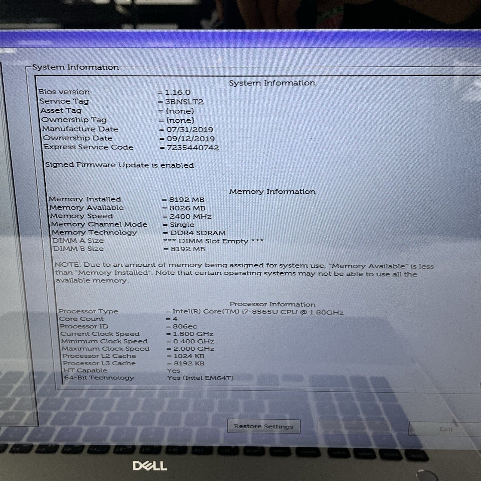 Dell Inspiron 7786 17.3" i7-8565U 1.80 GHz 8 GB RAM No SSD/OS/AC NVDIA MX2503