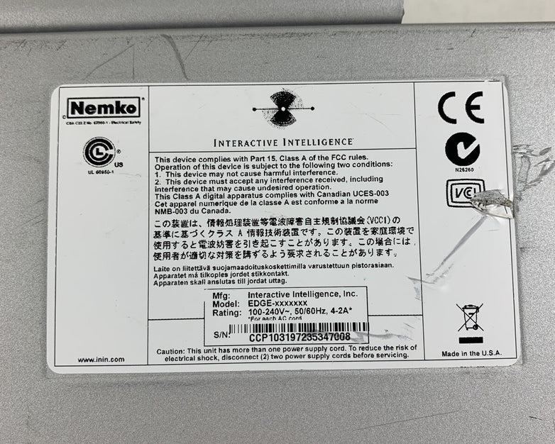 Interactive Intelligence EDGE-01X0 Multipurpose Appliance Nemko Tested No HDD/OS