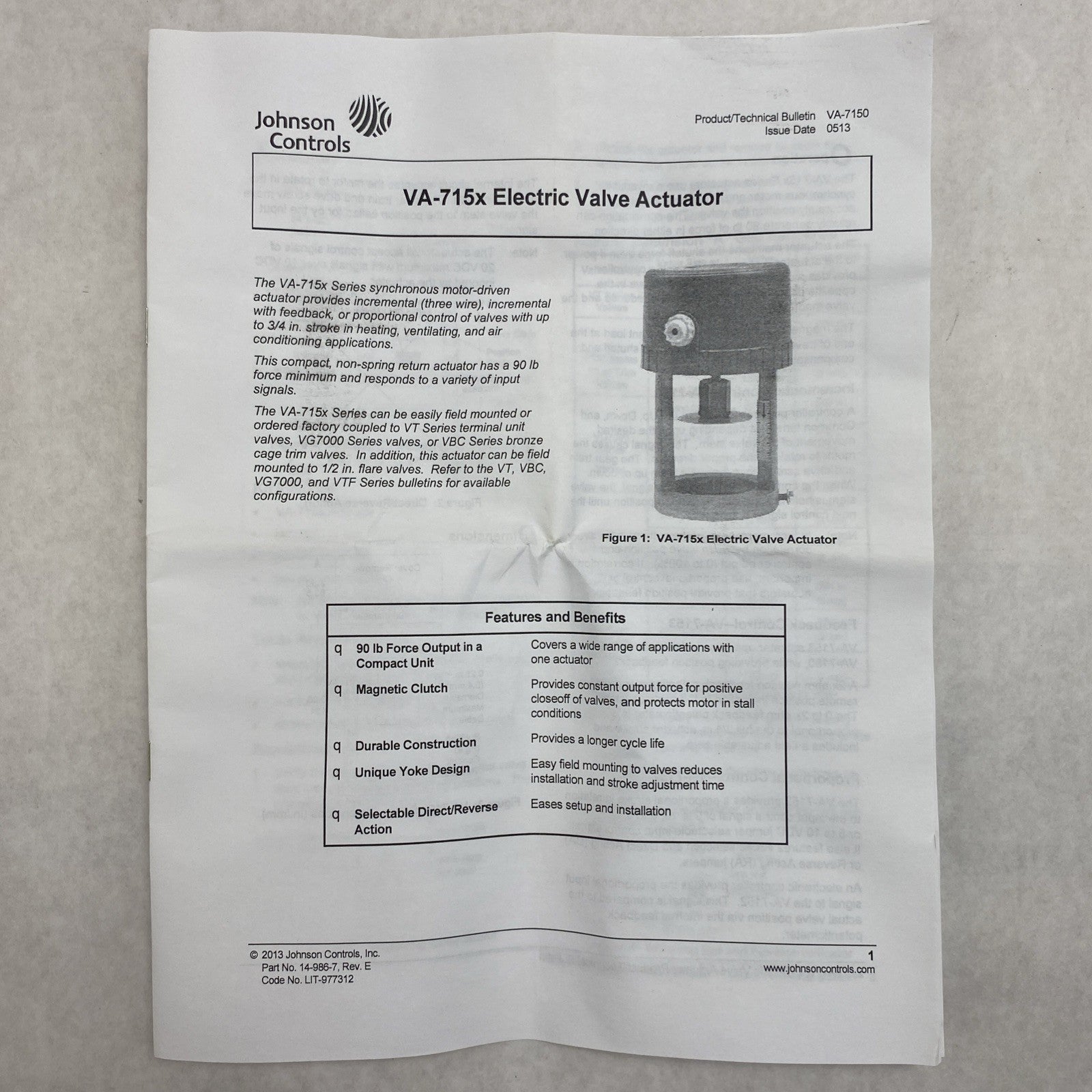 Johnson Controls VA-7152-1001 Electric Valve Actuator 7