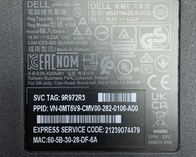 Dell WD22TB4 USB-C Thunderbolt Docking Station - No AC Adapter