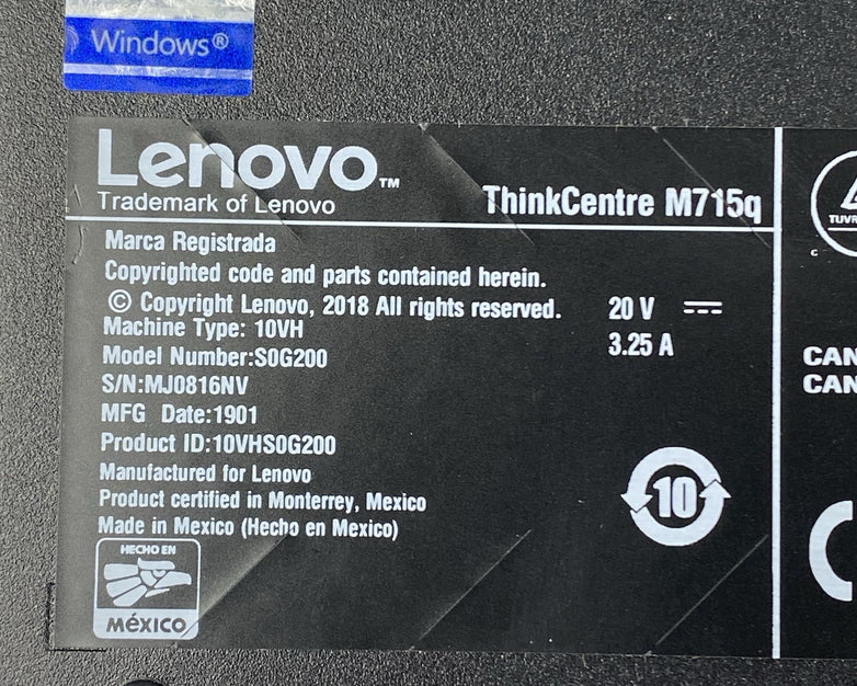 Lenovo ThinkCentre M715Q Micro AMD A6-9500E 3GHz 1x4GB RAM No HDD/OS/AC