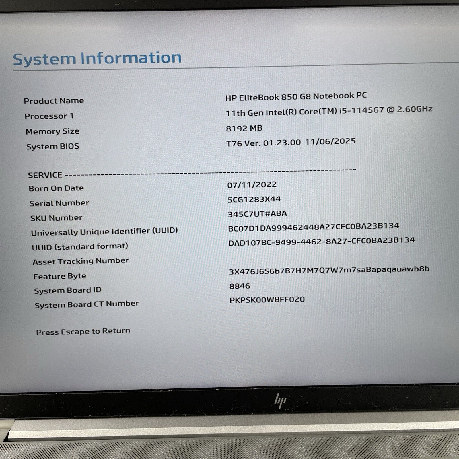 HP EliteBook 850 G8 15.6" i5-1145G7 2.60 GHz 8 GB RAM No SSD/OS/AC/Batt3