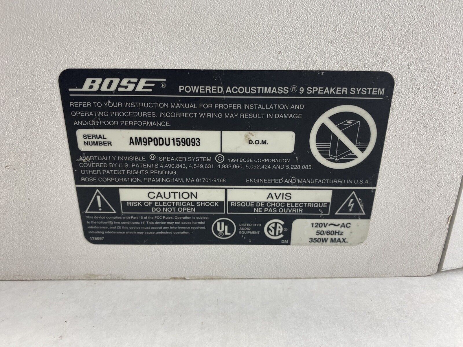 Bose Powered Acoustimass 9 Speaker System White 120v Subwoofer Untested