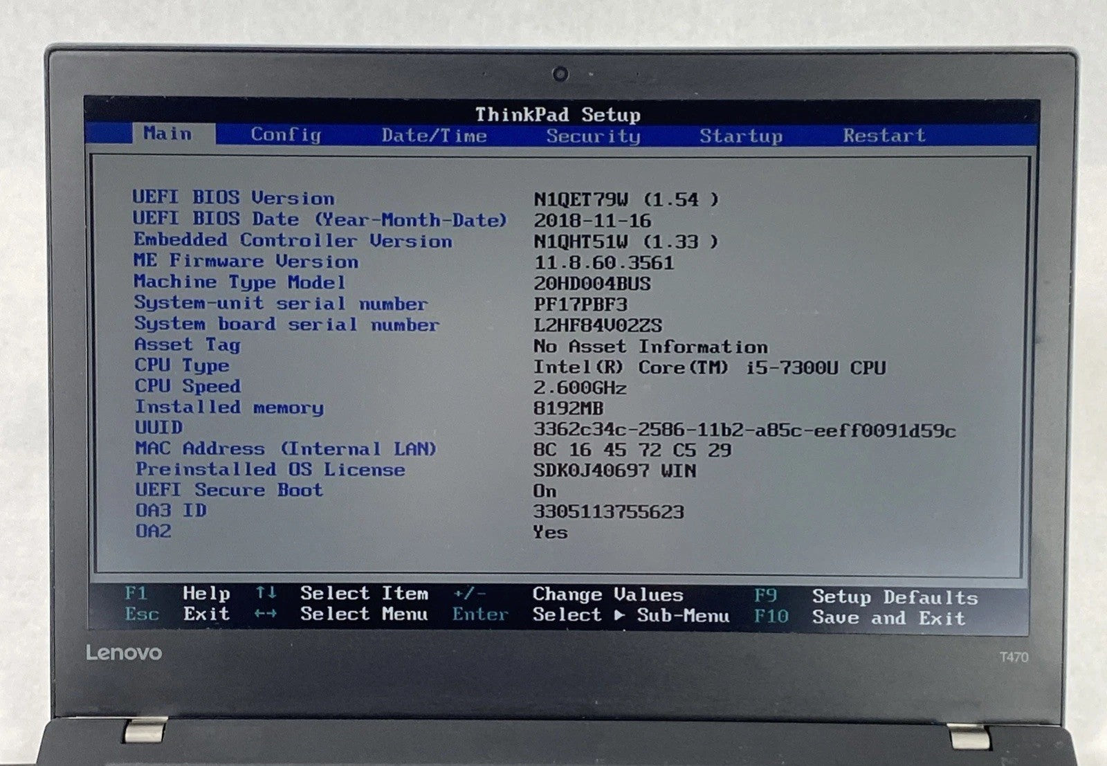 Lenovo ThinkPad T470 Core i5-7300U 2.60 GHz 8 GB RAM 14" No Battery No HDD No OS
