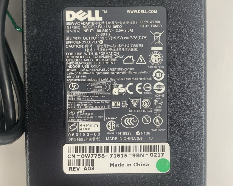 Dell PA-1151-06D2 w7758 150w 240v 19.5v Big Barrel AC Adapter No Power Cord
