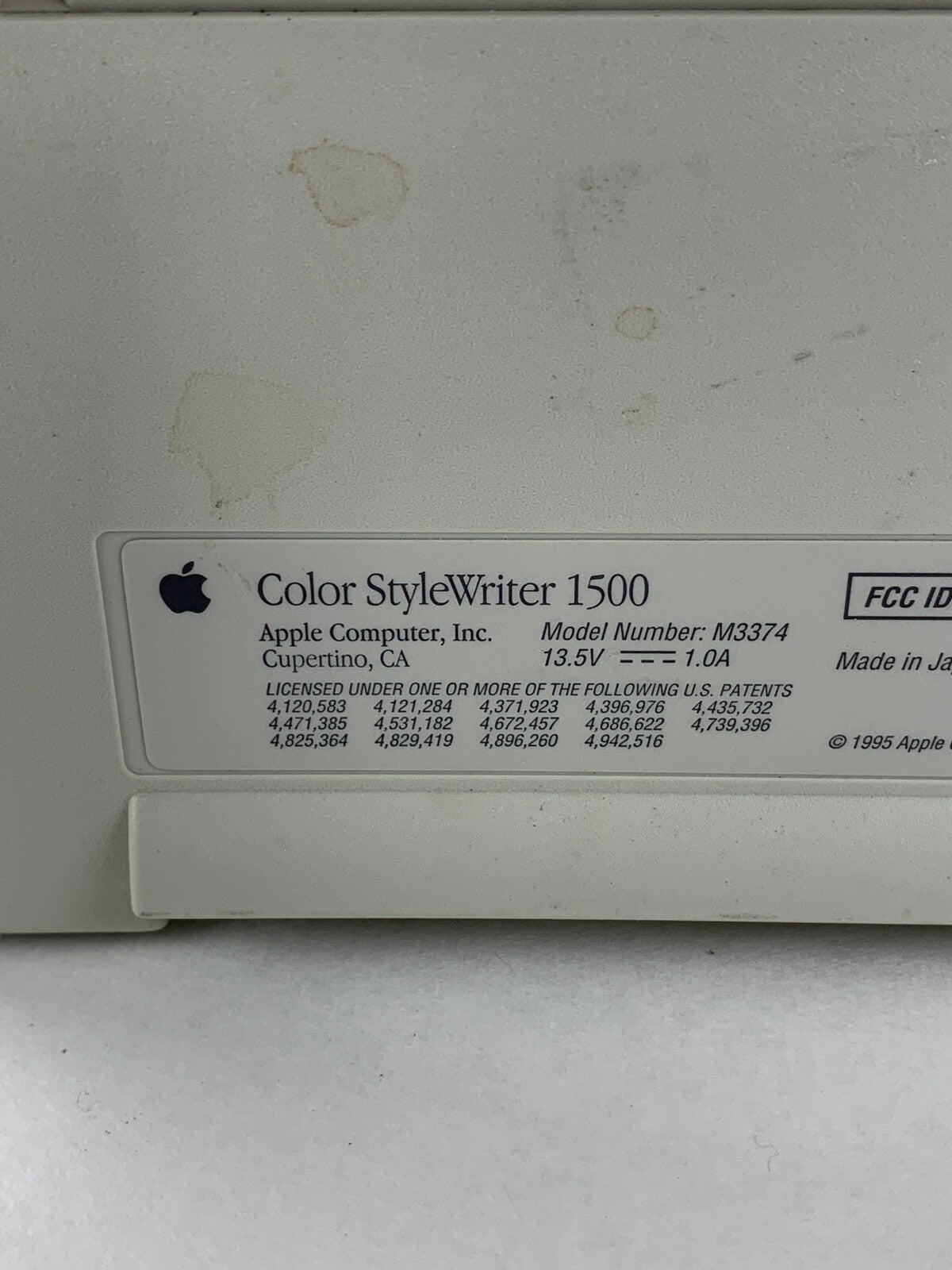 Apple M3374  Printer Vintage Color Style Writer 1500 Powers On W/ Power Supply