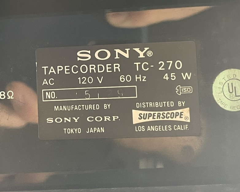 Sony TC-270  Reel to Reel Tape Recorder Deck  Powers On