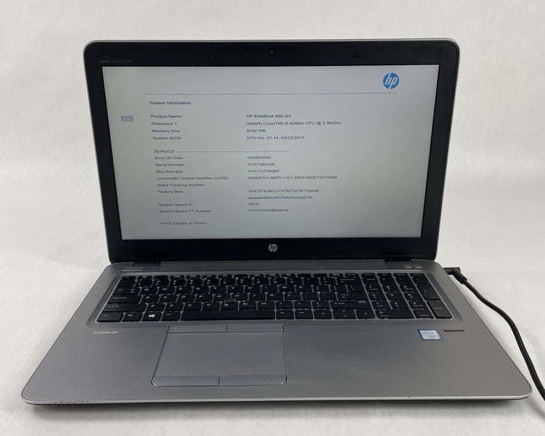 HP EliteBook 850 G3 15.6" i5-6200U 2.30 GHz 8 GB RAM No SSD No OS - Bad Bottom