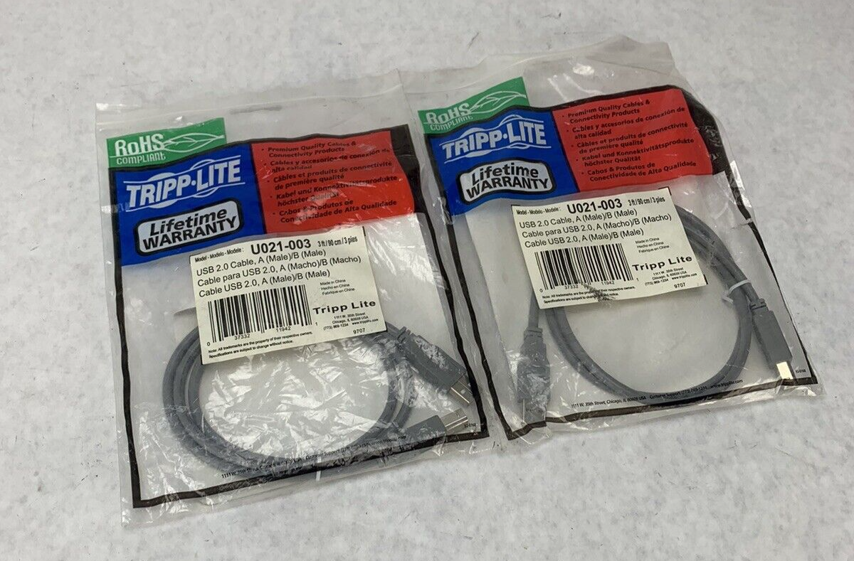 Lot 2 Tripp Lite USB 2.0 Hi-Speed A/B Cables M/M 3-ft. U021-003 New