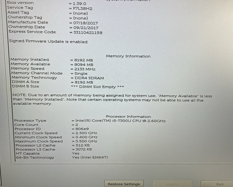 Dell Latitude 5580 15.6" i5-7300U 2.60 GHz 8 GB RAM No SSD/OS