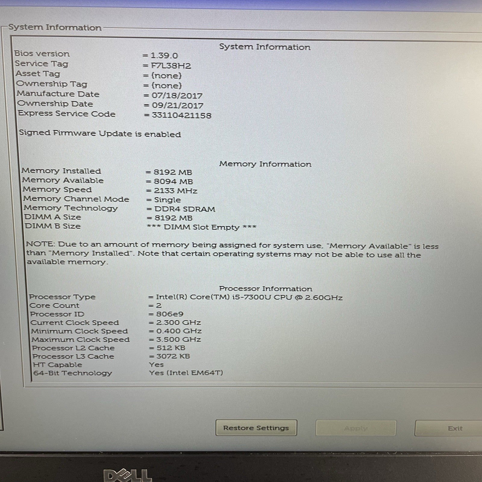 Dell Latitude 5580 15.6" i5-7300U 2.60 GHz 8 GB RAM No SSD/OS2