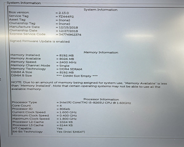 Dell Vostro 5581 15.6" i5-8265U 1.60 GHz 8 GB RAM No SSD/OS/AC