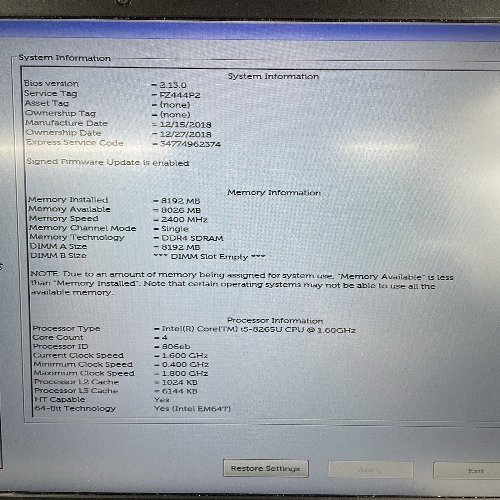 Dell Vostro 5581 15.6" i5-8265U 1.60 GHz 8 GB RAM No SSD/OS/AC3