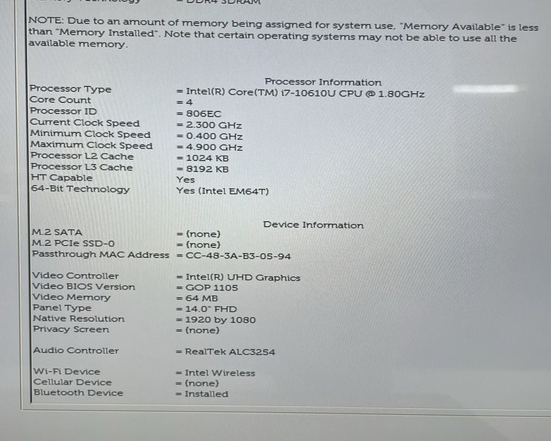Dell Latitude 7410 14" i7-10610U 1.80 GHz 16 GB RAM No SSD/OS/AC/Batt
