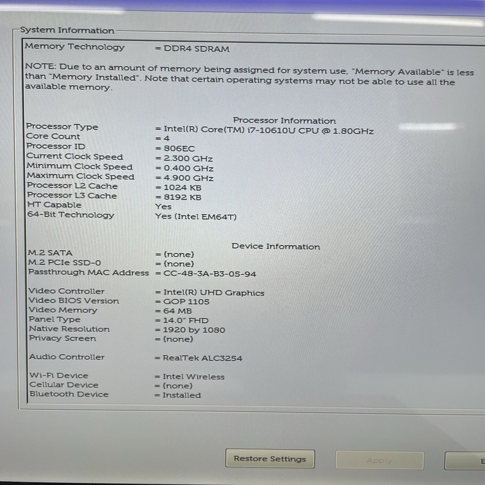 Dell Latitude 7410 14" i7-10610U 1.80 GHz 16 GB RAM No SSD/OS/AC/Batt3