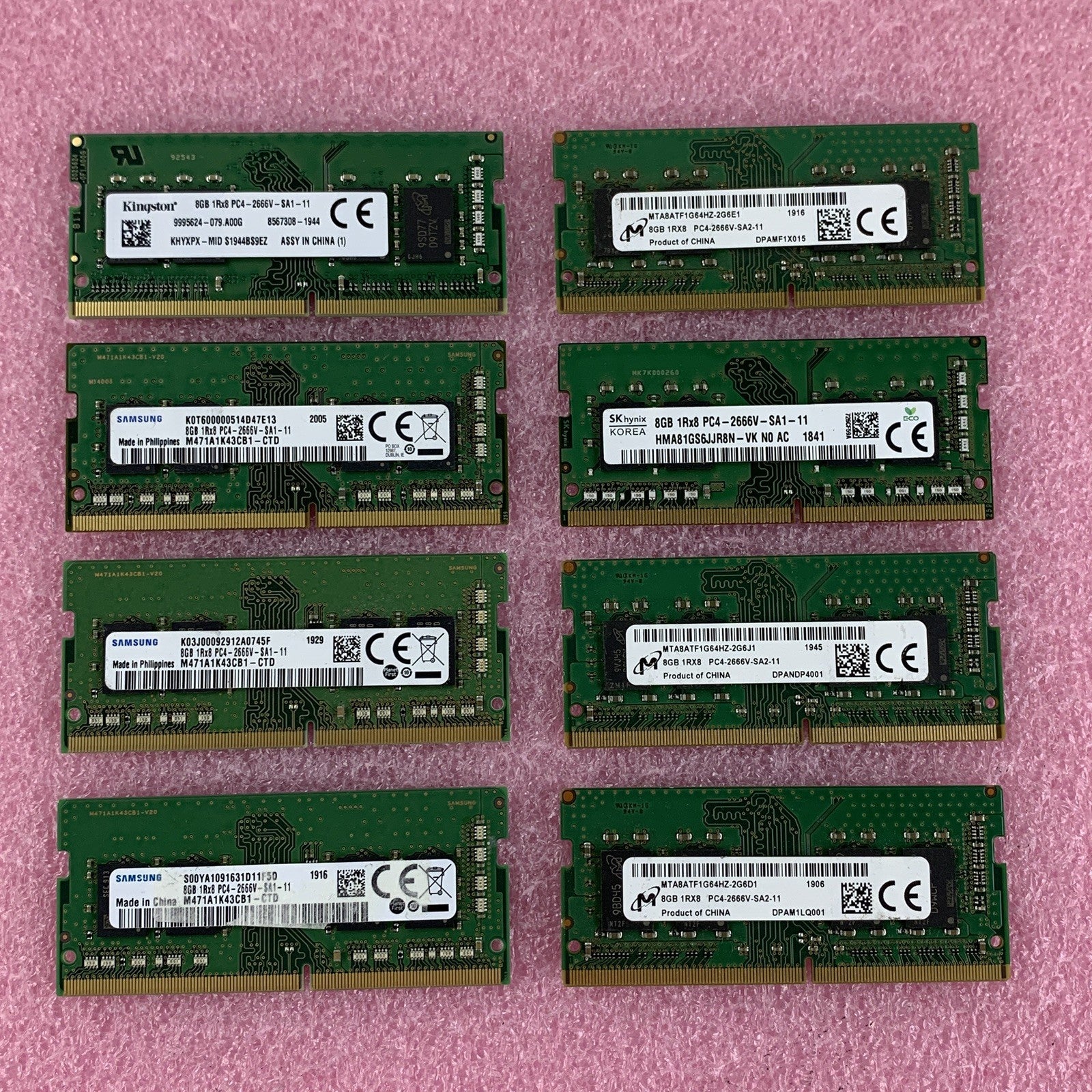 SK Hynix Micron Samsung Kingston 8 GB 1Rx8 PC4-2666V Memory Ram Mixed Lot of 8x