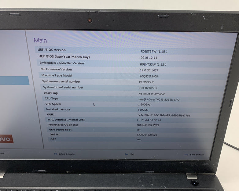 Lenovo ThinkPad L590 15" Laptop i5-8365U 1.6 GHz 8 GB Ram No OS No HDD No AC