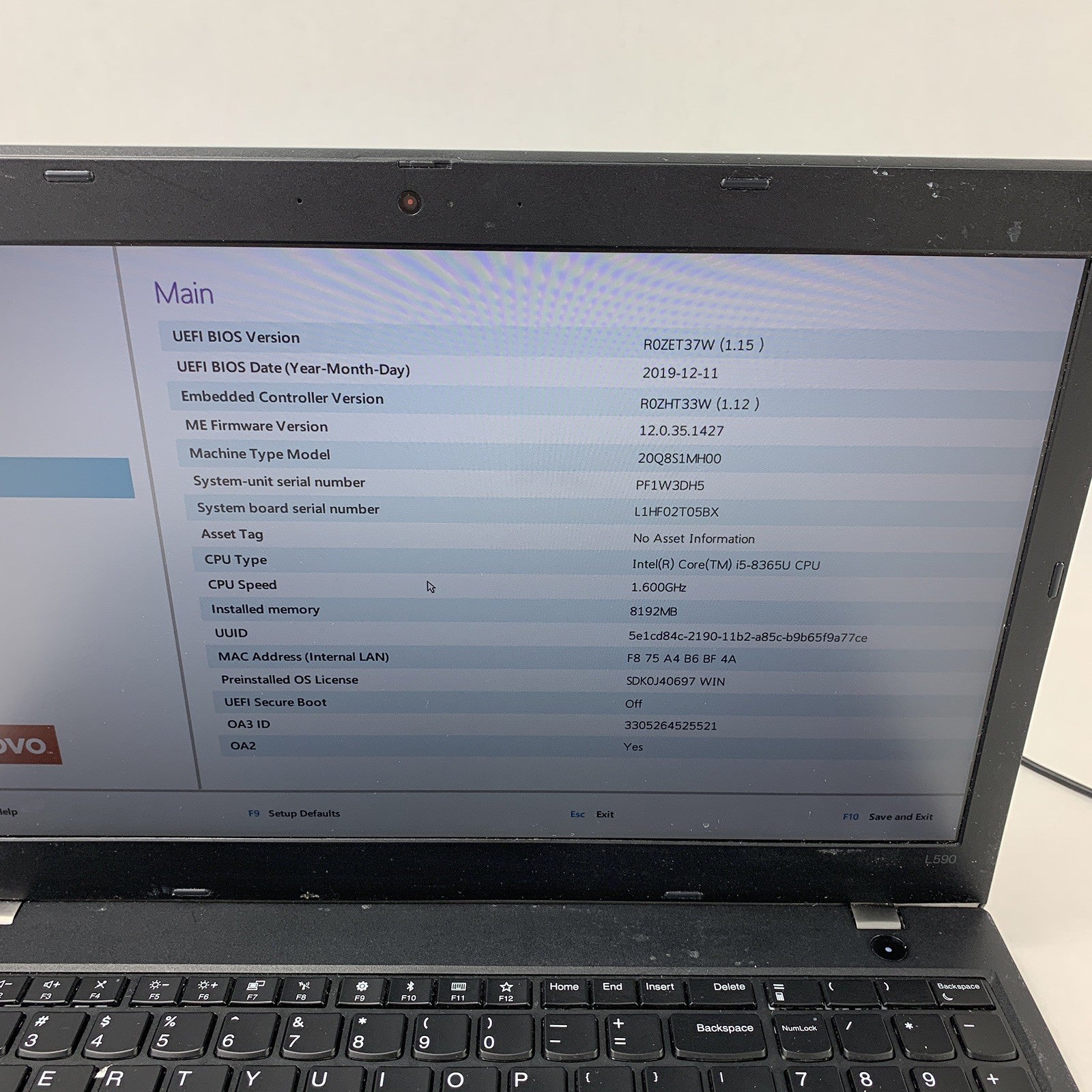 Lenovo ThinkPad L590 15" Laptop i5-8365U 1.6 GHz 8 GB Ram No OS No HDD No AC