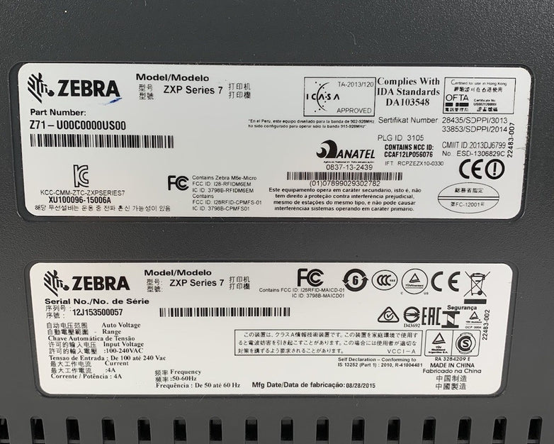 Zebra ZXP Series 7 Z71-U00C0000US00 Card Printer No Ribbon