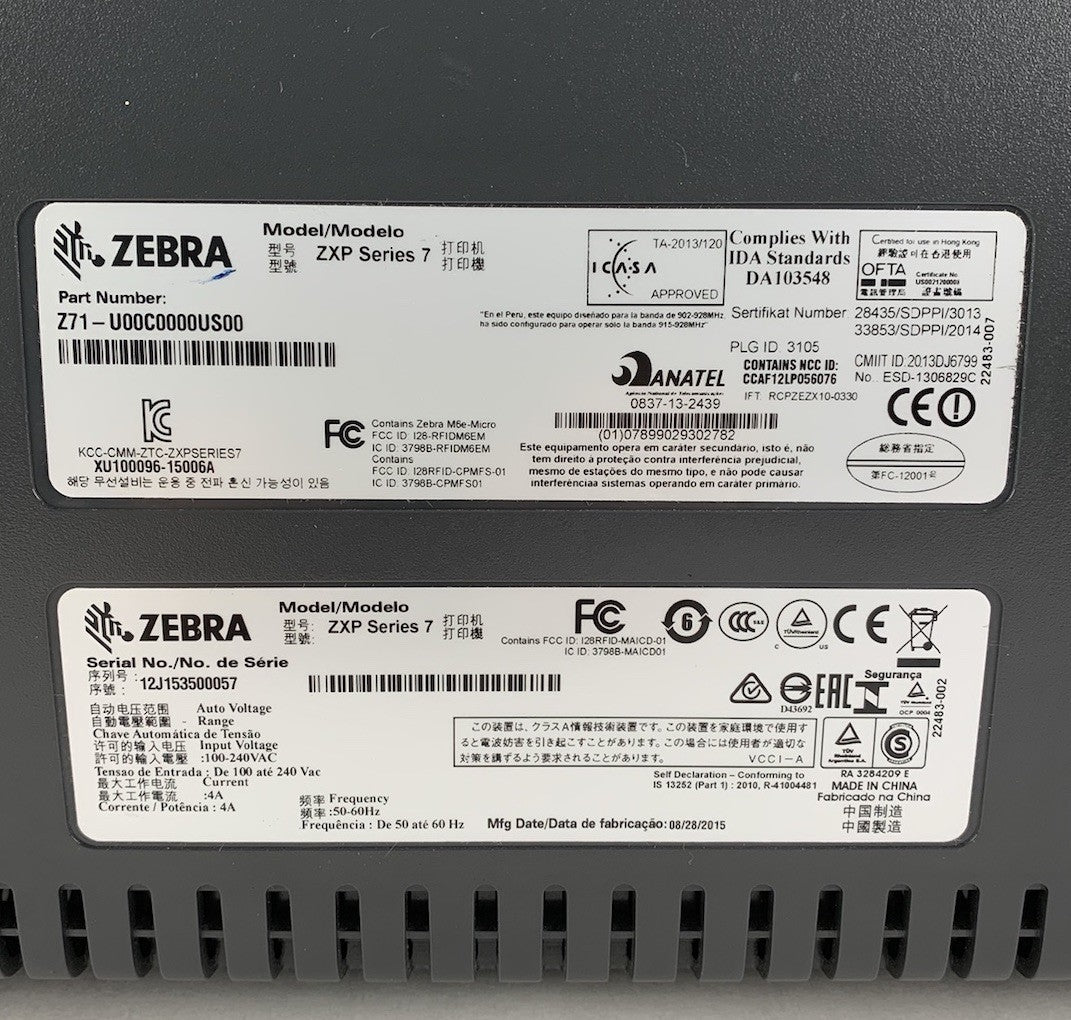 Zebra ZXP Series 7 Z71-U00C0000US00 Card Printer No Ribbon