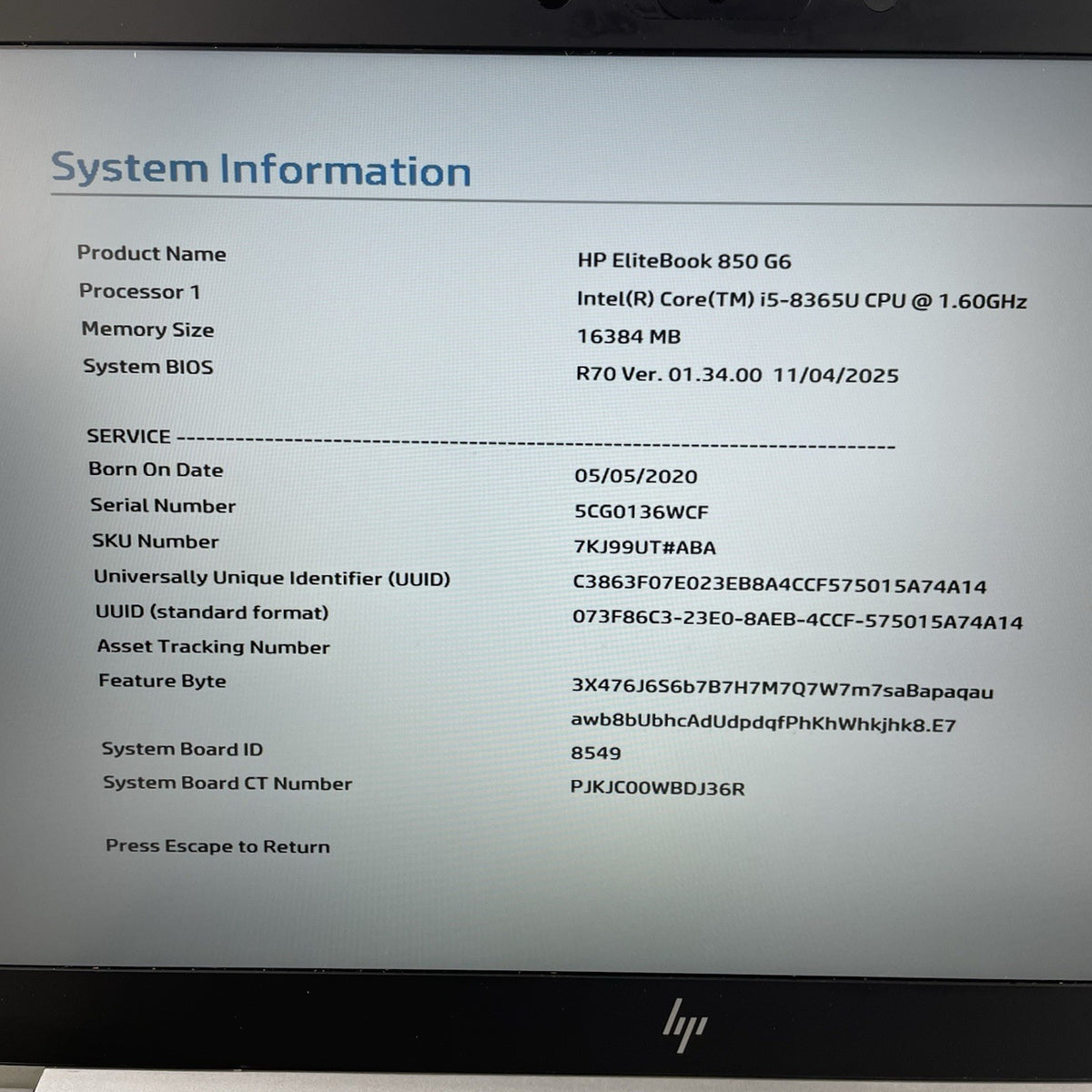HP EliteBook 850 G6 15.6" i5-8365U 1.60 GHz 16 GB RAM No SSD/OS/AC3