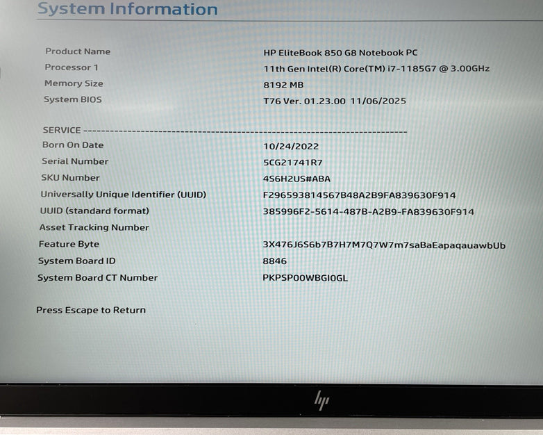 HP EliteBook 850 G8 15.6" i7-1185G7 3.00 GHz 8 GB RAM No SSD/OS/AC - Bad USB