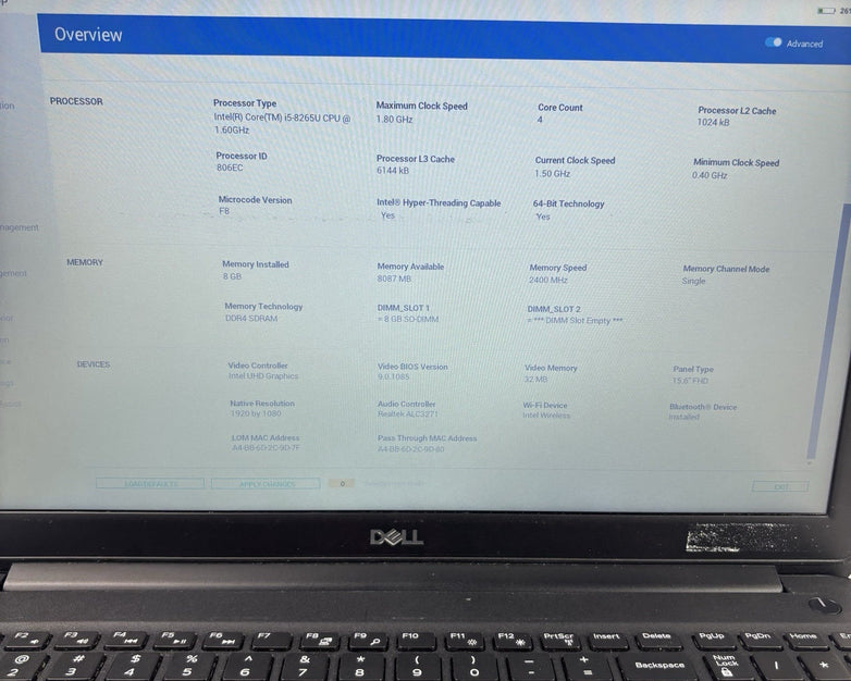 Dell Latitude 3500 15.6" Laptop i5-8265U 1.6 GHz 8 GB Ram No OS No HDD No AC