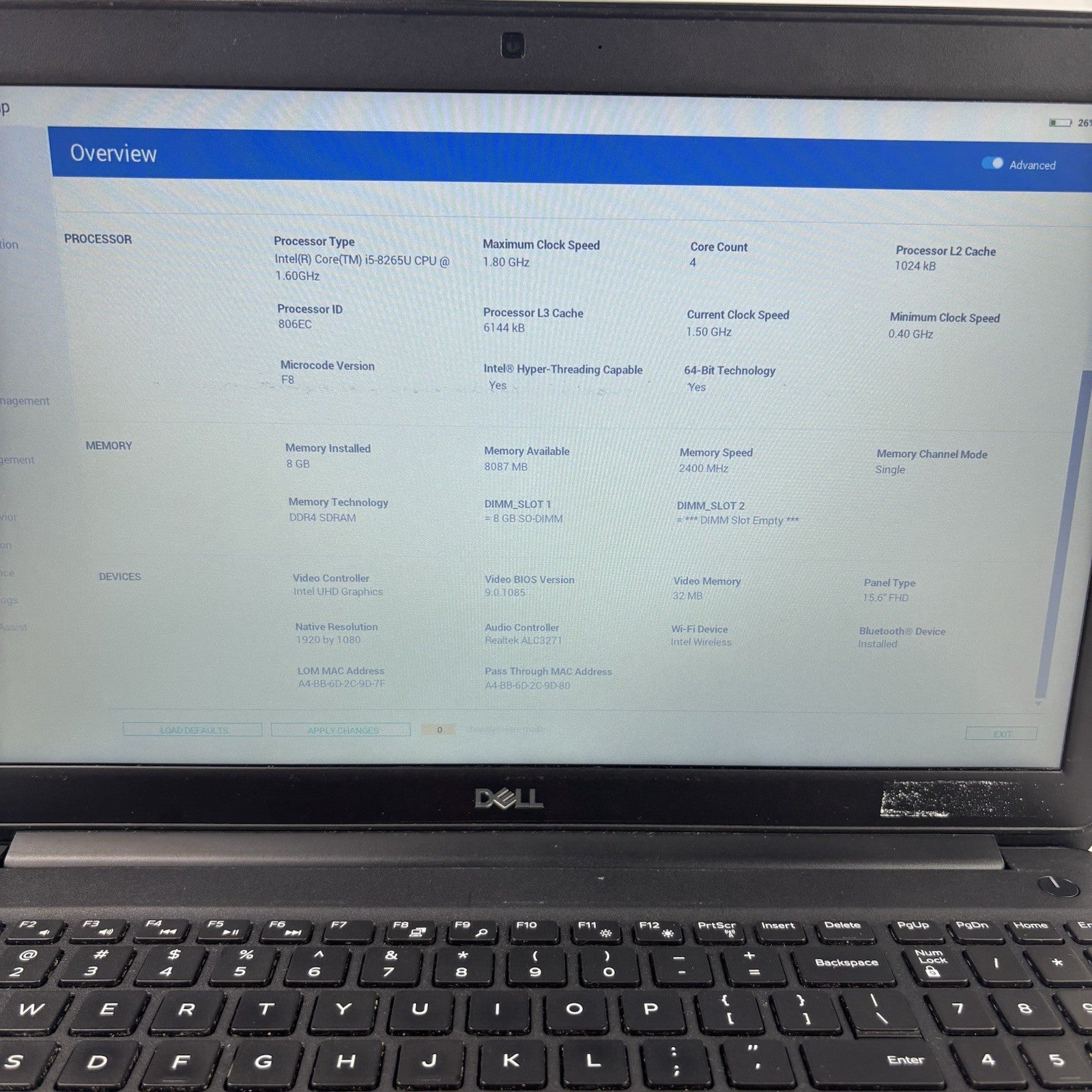 Dell Latitude 3500 15.6" Laptop i5-8265U 1.6 GHz 8 GB Ram No OS No HDD No AC