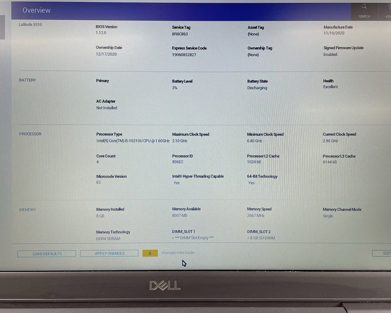 Dell Latitude 3510 15.6" i5-10210U 1.60 GHz 8 GB RAM No SSD/OS/AC - Scratched
