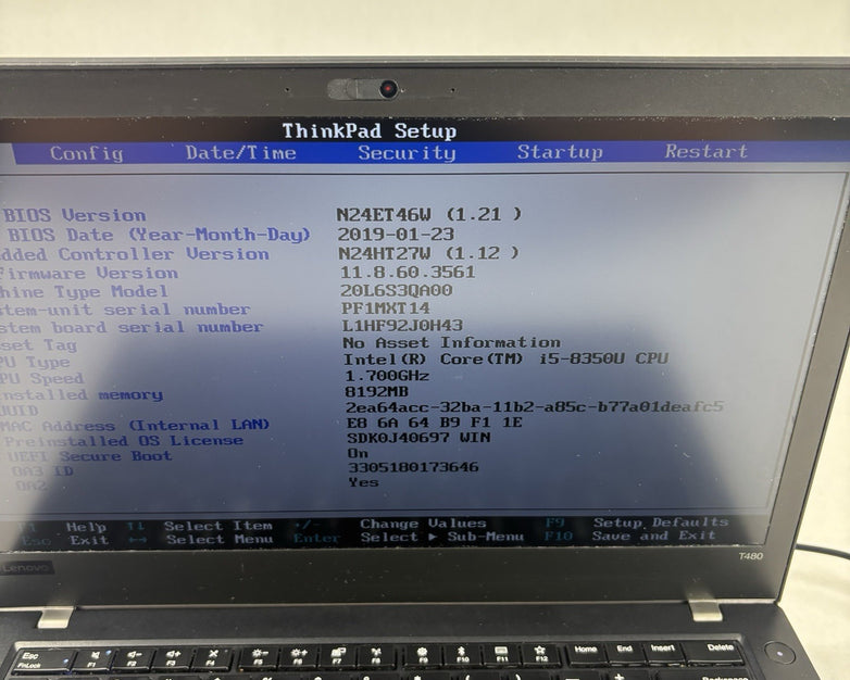 Lenovo ThinkPad T480 14" Laptop i5-8350 1.7 GHz 8 GB Ram No OS No HDD No AC