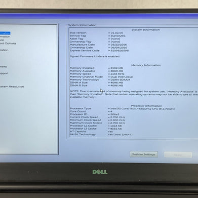 Dell Precision 5510 Intel Core i7-6820HQ 2.70 GHz 8 GB RAM 15.6" No HDD No OS