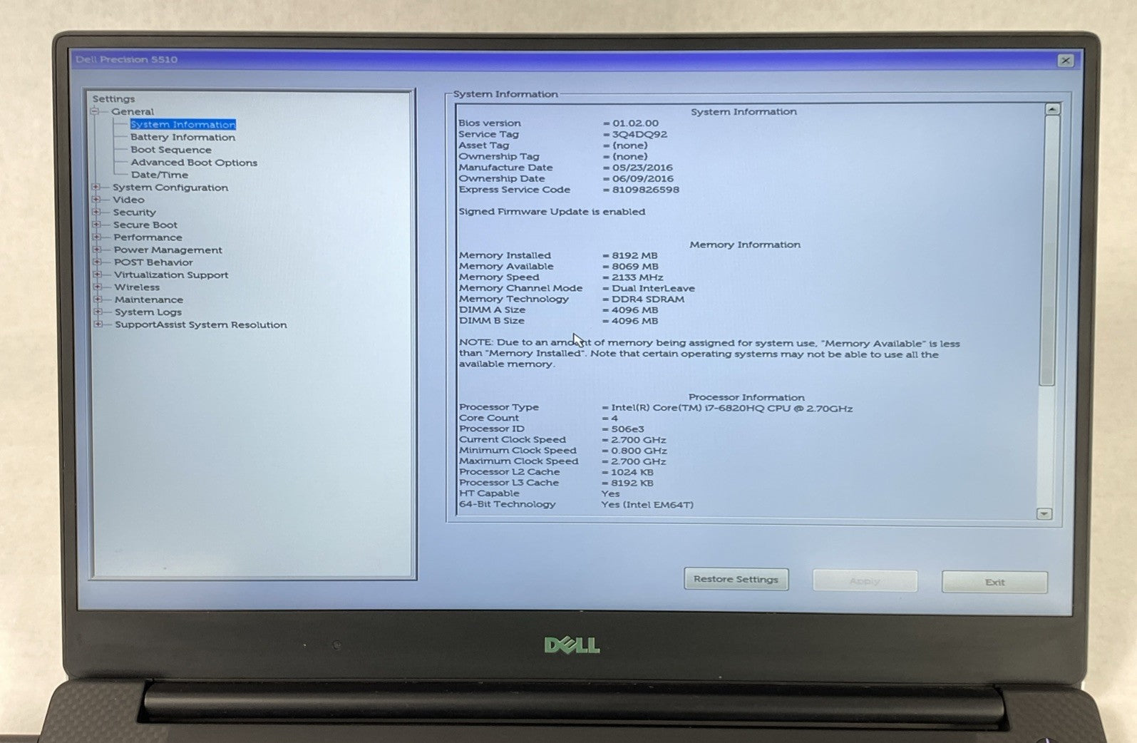 Dell Precision 5510 Intel Core i7-6820HQ 2.70 GHz 8 GB RAM 15.6" No HDD No OS