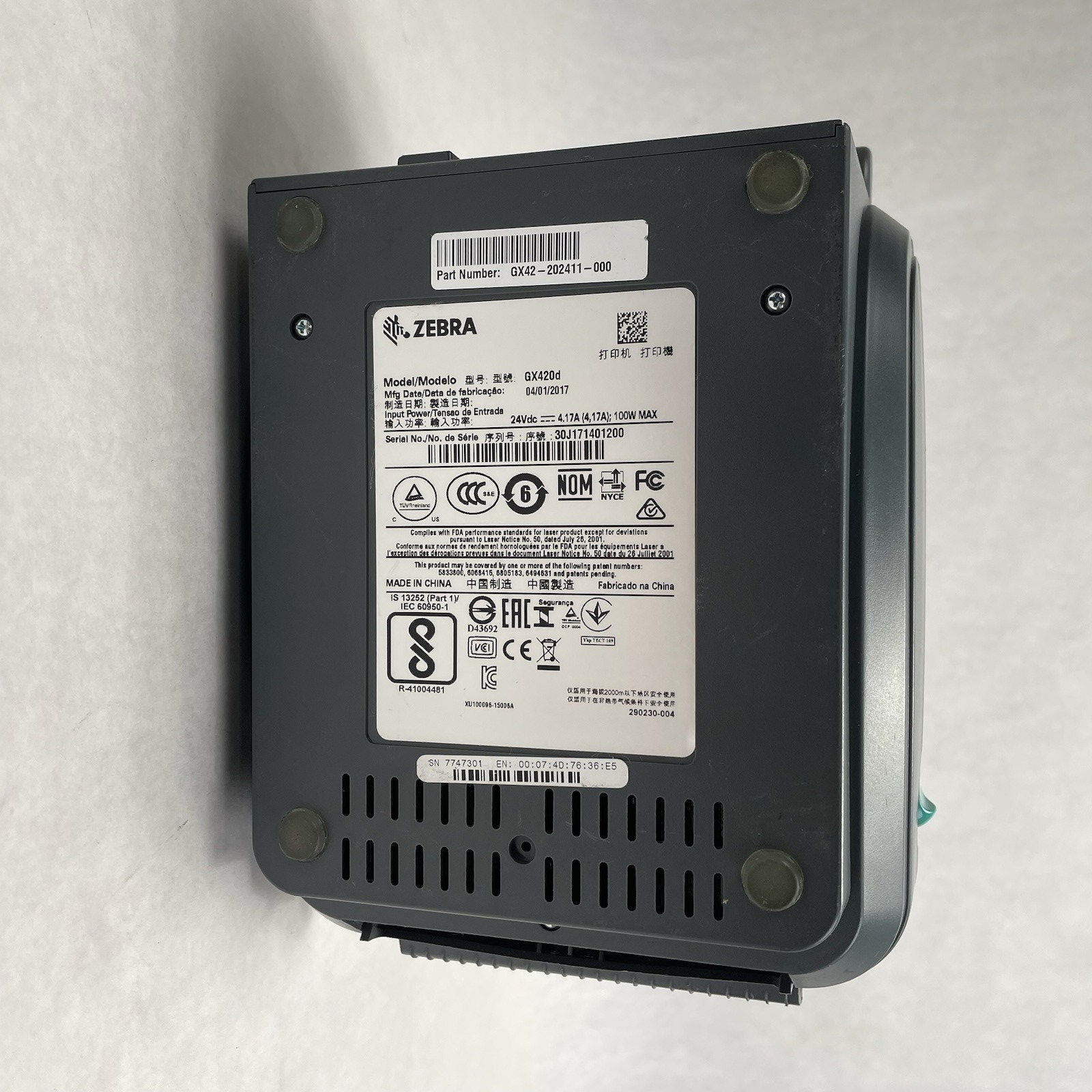 Zebra GX420t USB Thermal Transfer Label Printer For Parts