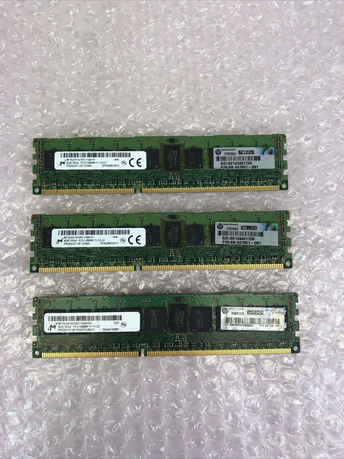 8GB Micron MT18JSF1G72PZ HP PC3-12800R-11-13-C2 1RX4 Ram Total 24 GB (Lot of 3)