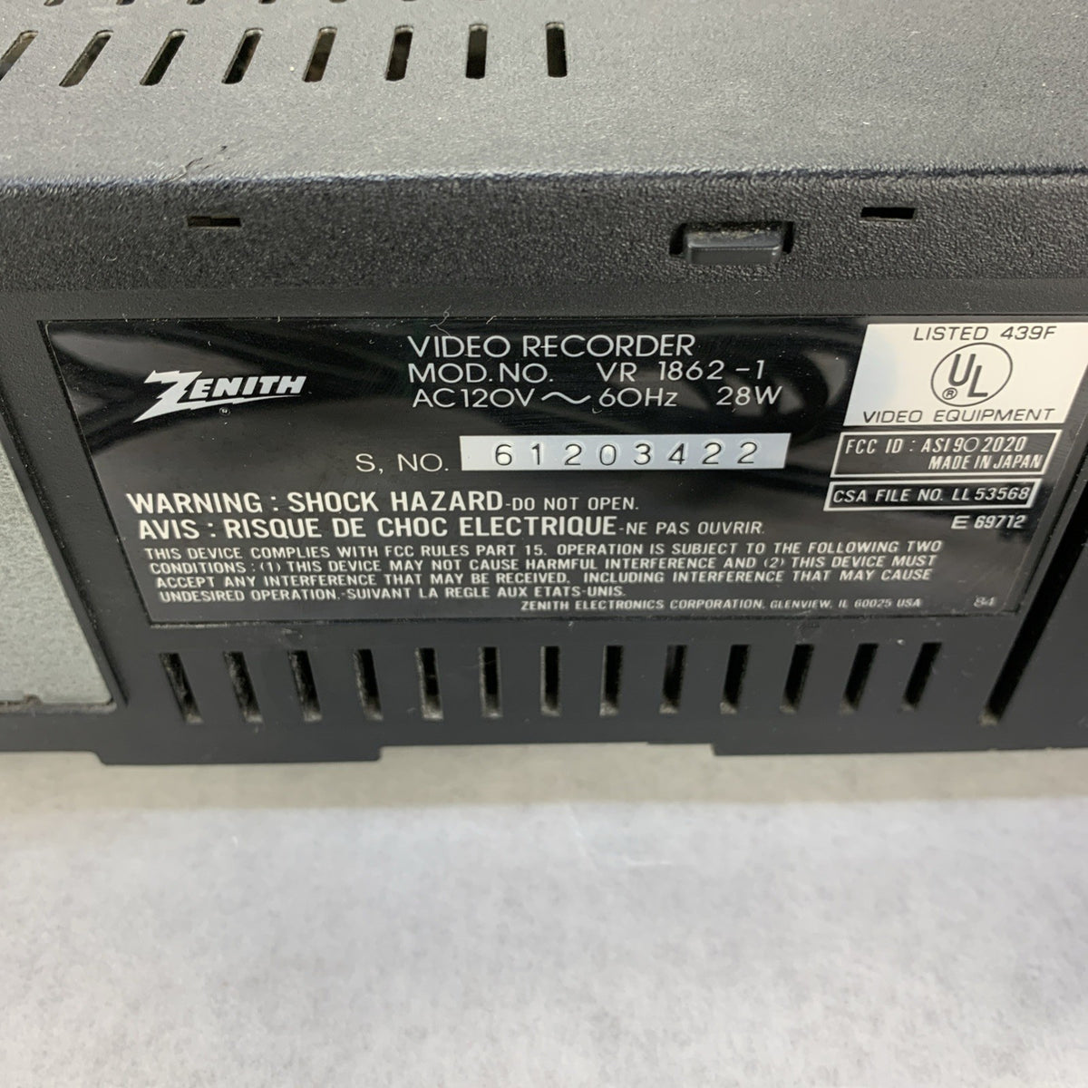 Zenith 4-head VHS Video Cassette Recorder VR 1862-1 - Power Tested9