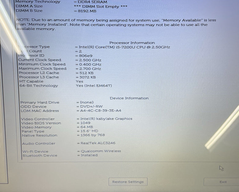 Dell Inspiron 5566 15.6" i5-7200U 2.50 GHz 8 GB RAM No SSD/OS/AC/Batt - Bad USB
