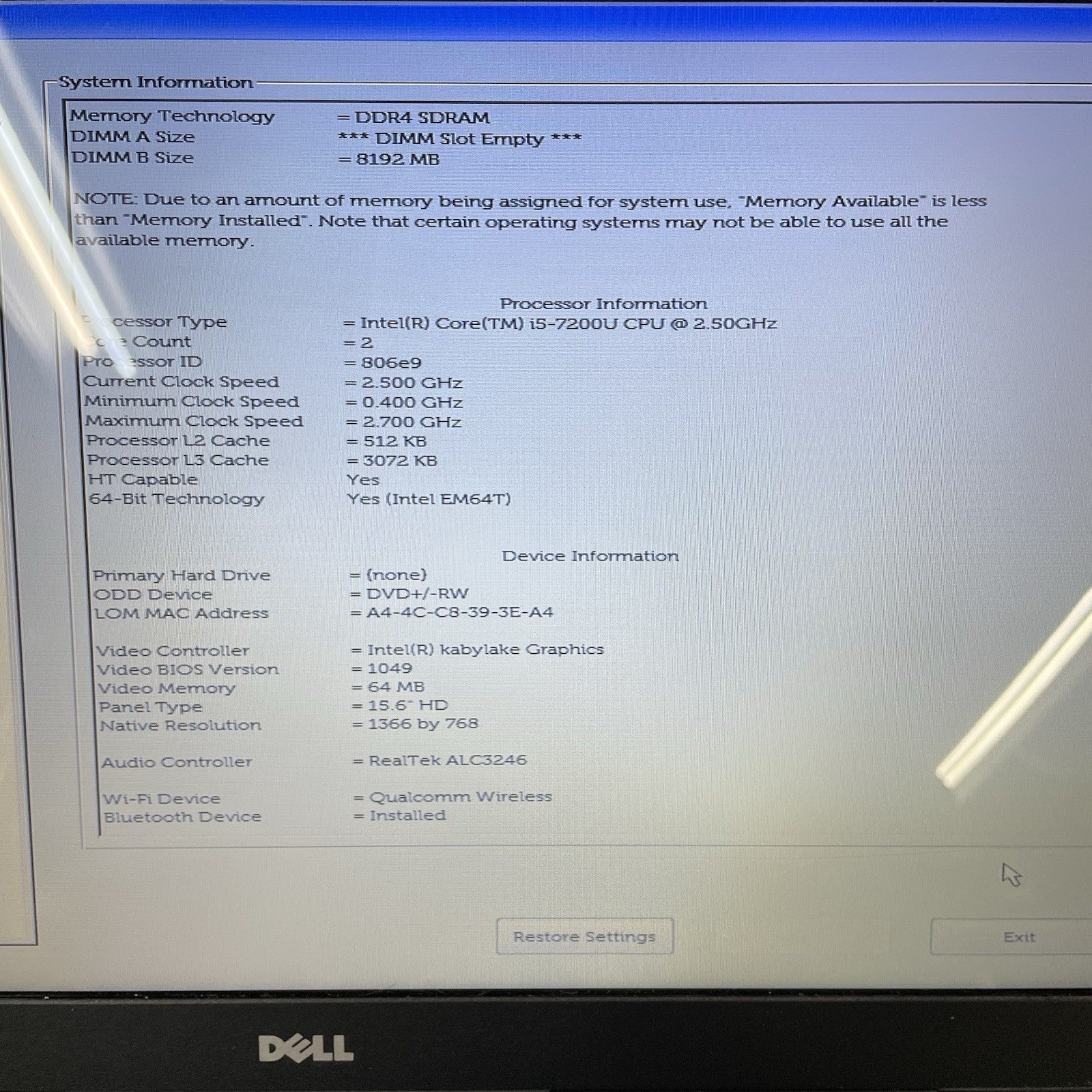 Dell Inspiron 5566 15.6" i5-7200U 2.50 GHz 8 GB RAM No SSD/OS/AC/Batt - Bad USB3
