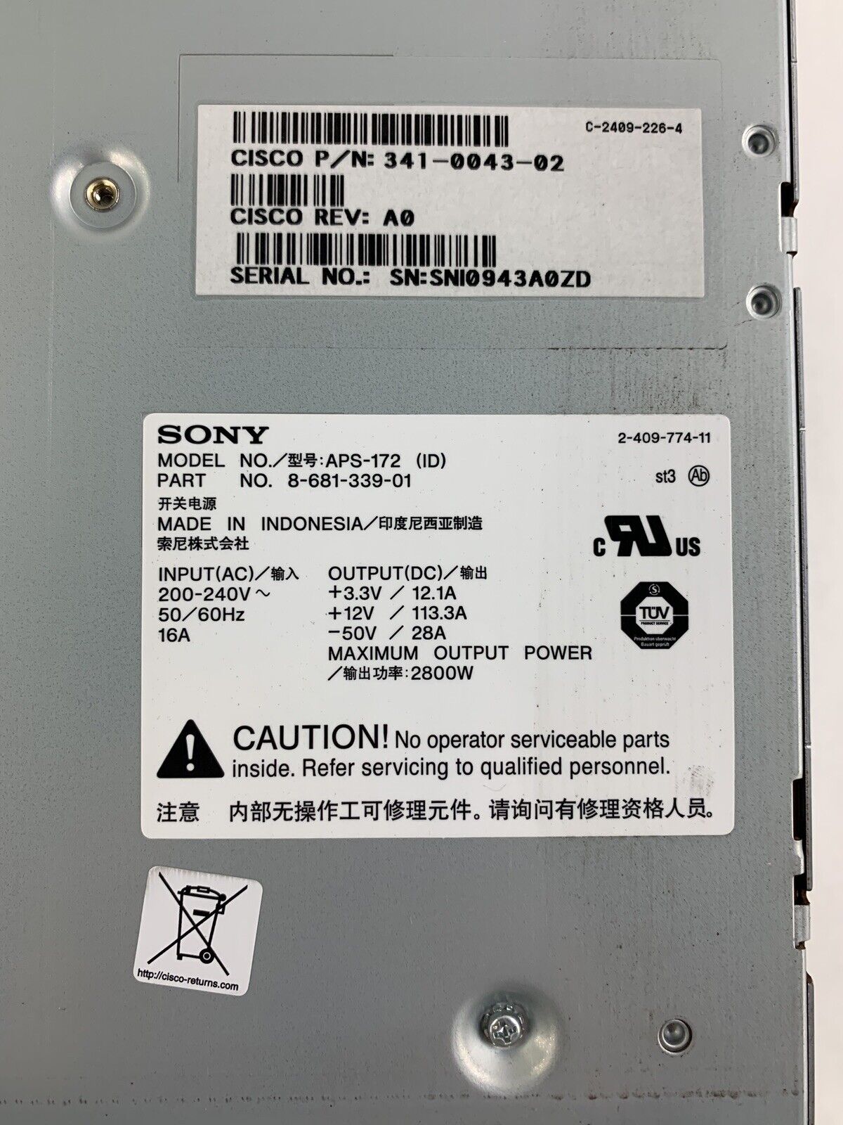 Cisco Sony APS-172 2800W Power Supply Module for Cisco Catalyst 4500 Tested