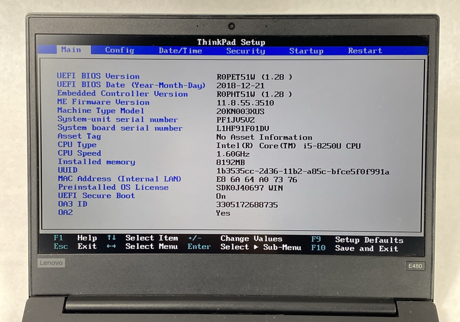 Lenovo ThinkPad E480 Intel Core i5-8250U 1.60 GHz 8 GB RAM 14" No HDD No OS