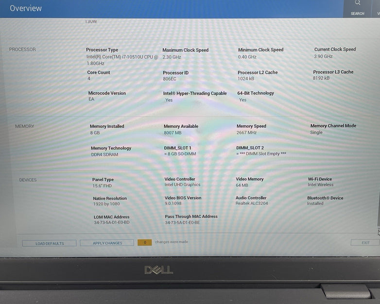 Dell Latitude 3510 15.6" i7-10510U 1.80 GHz 8 GB RAM No SSD/OS/AC/Batt