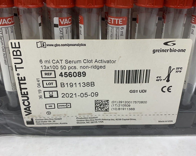 Vacuette 456089 6ml CAT Serum Clot Activator 13x100 50pcs Non-Ridged Tubes