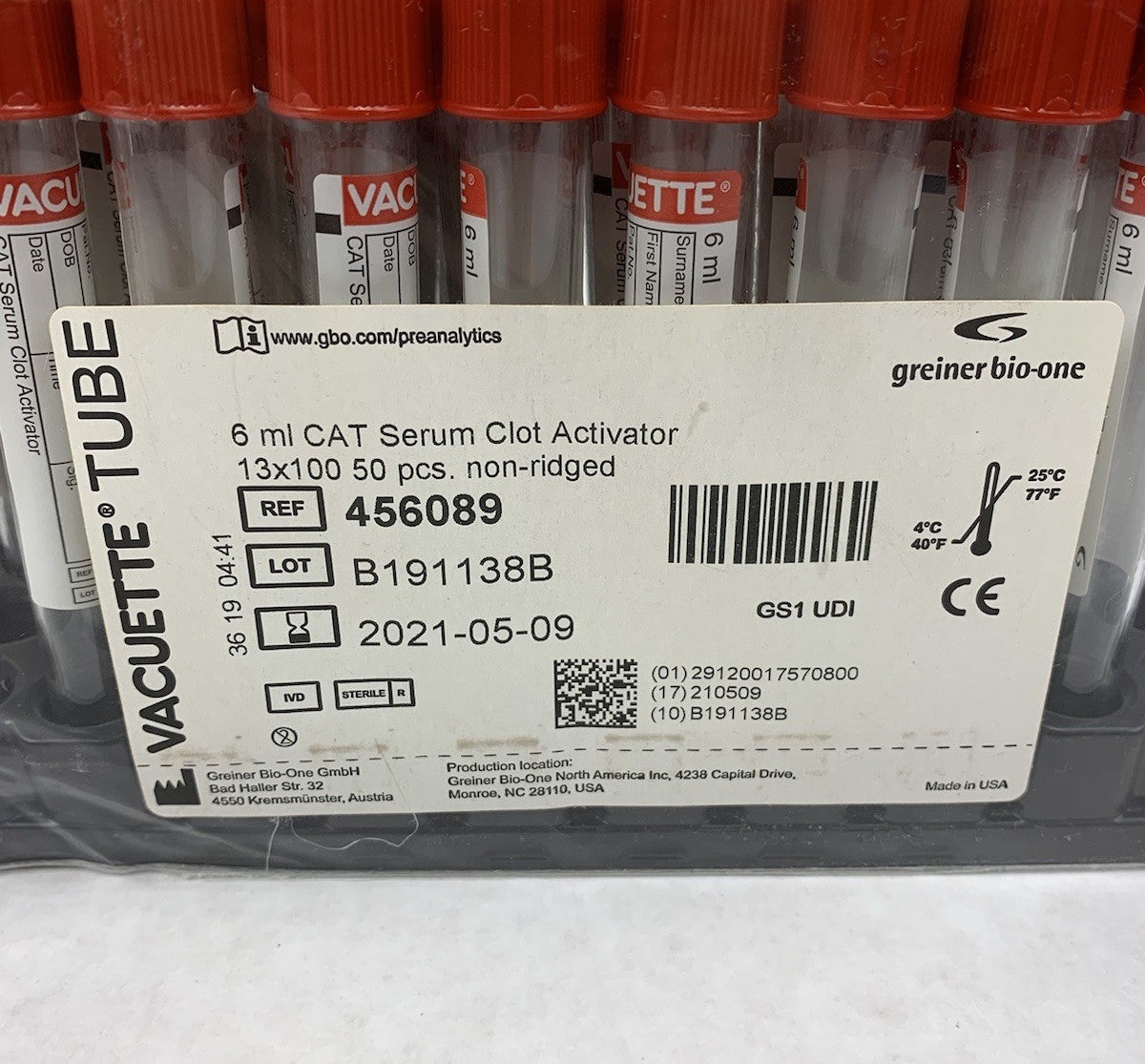 Vacuette 456089 6ml CAT Serum Clot Activator 13x100 50pcs Non-Ridged Tubes