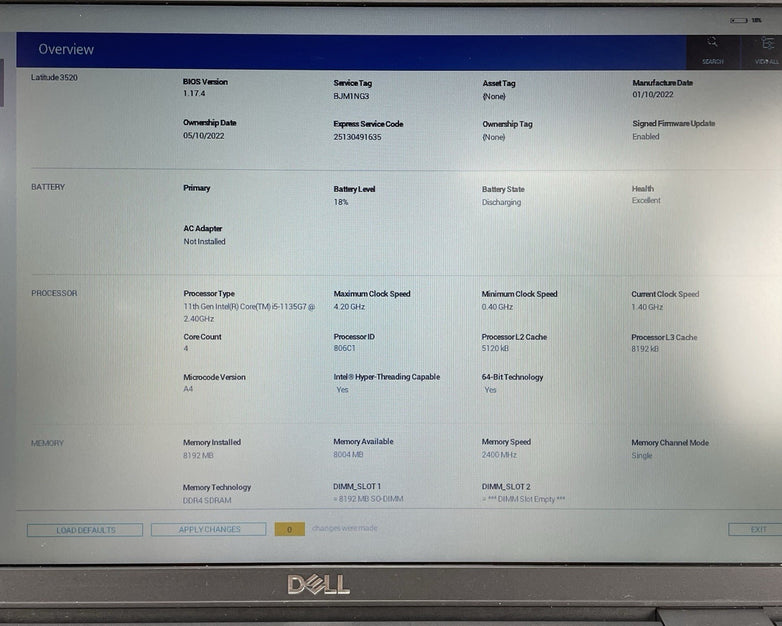 Dell Latitude 3520 15.6" i5-1135G7 2.40 Ghz 8 GB RAM No SSD/OS/AC