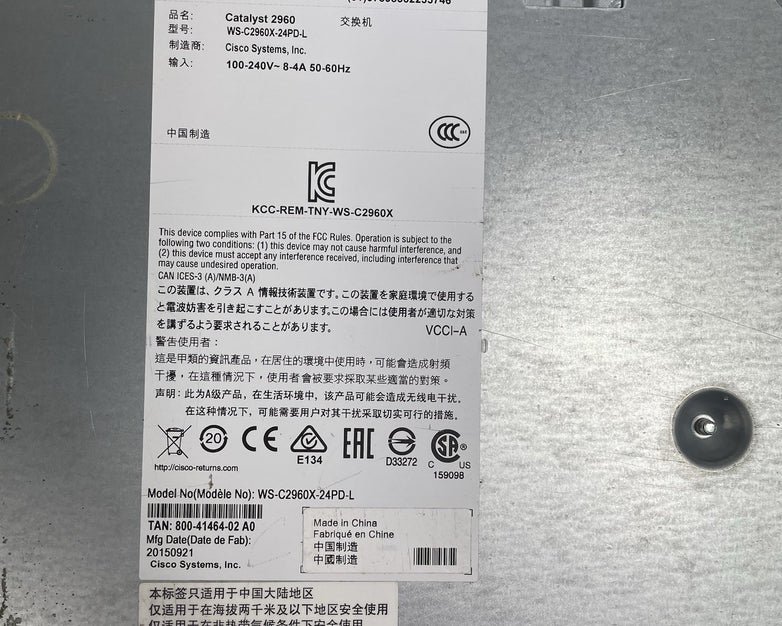 Cisco WS-C2960X-24PD-L V03 Tested & Reset No Rack Ears
