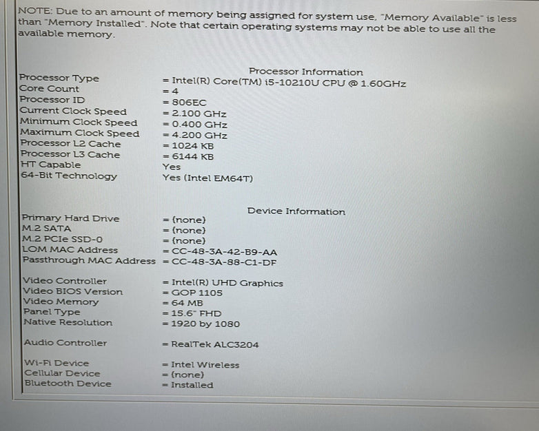 Dell Latitude 5510 15.6" i5-10210U 1.60 GHz 8 GB RAM No SSD/OS/AC/Batt - Read