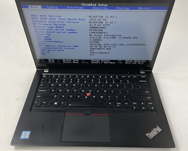 Lenovo ThinkPad T490s 14" i5-8365U 1.60 GHz 8 GB RAM No SSD/OS/AC